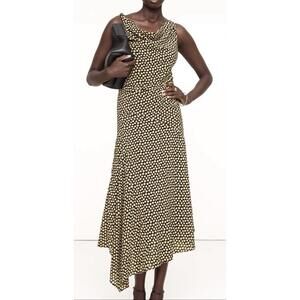 Banana Republic Crepe Twist-Shoulder Dress Camel Black Polka Dot Size 4